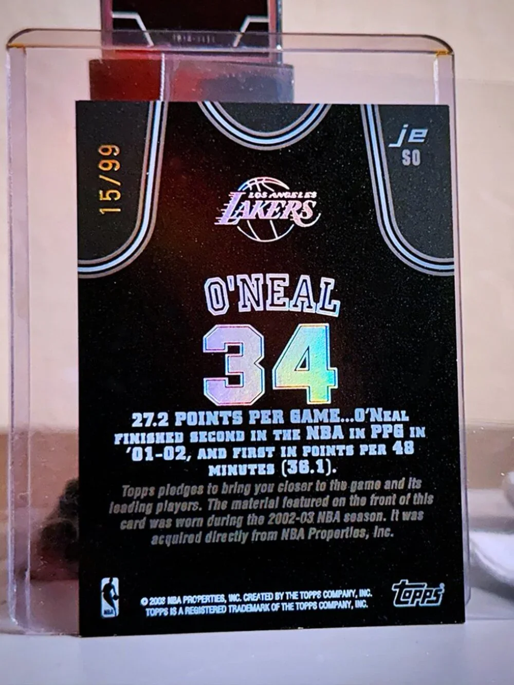 RARE 2003 Topps Shaquille O'Neal Lakers Game-Worn Jersey Card 15/99